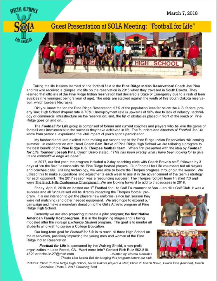 Football for Life featured in the Special Olympics of Los Angeles Newsletter